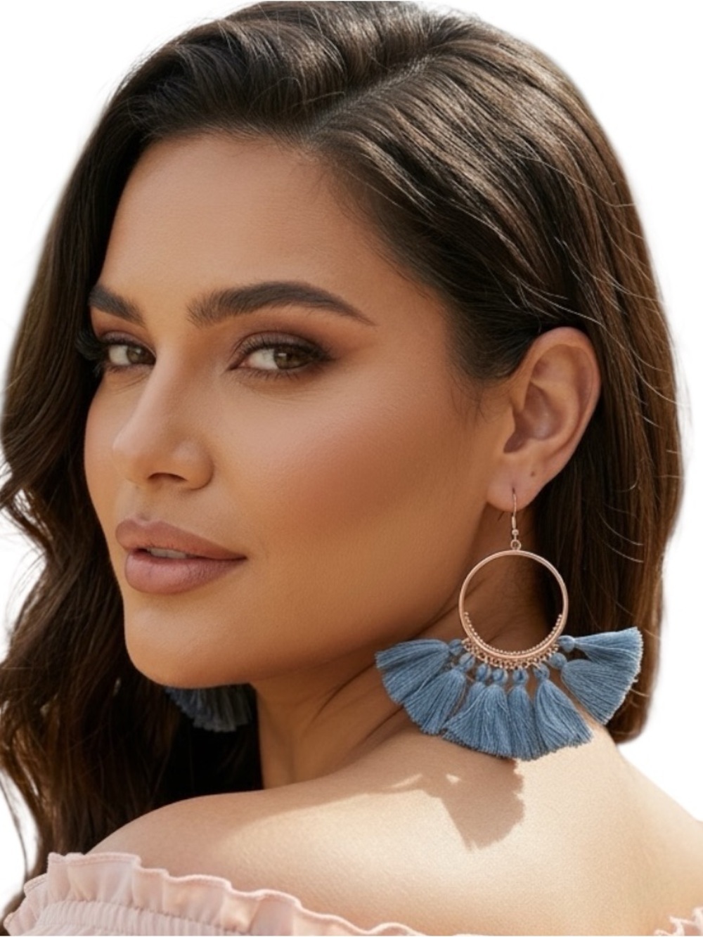 Boho Blue Tassel Hoop Earrings - Elegant Fringe Accent
